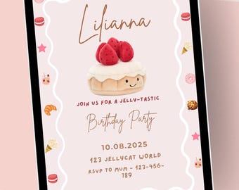 jellycat, jellycat birthday, jellycat party, jellycat invite, jellycat invitation, jellycat theme, edit in canva, template, pink cupcake,