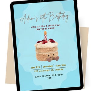 Jellycat, anniversaire Jellycat, fête Jellycat, invitation Jellycat, invitation Jellycat, thème Jellycat, modifier sur canva, modèle, petit gâteau, bleu