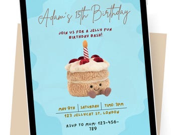 jellycat, jellycat birthday, jellycat party, jellycat invite, jellycat invitation, jellycat theme, edit in canva, template, cupcake, blue