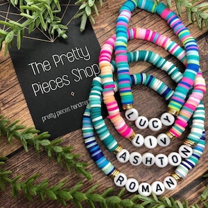 Personalized Name Bracelets | Heishi Bracelets | Custom Beaded Bracelets | Name Bracelet | Gold Heart Women&#39;s Bracelets
