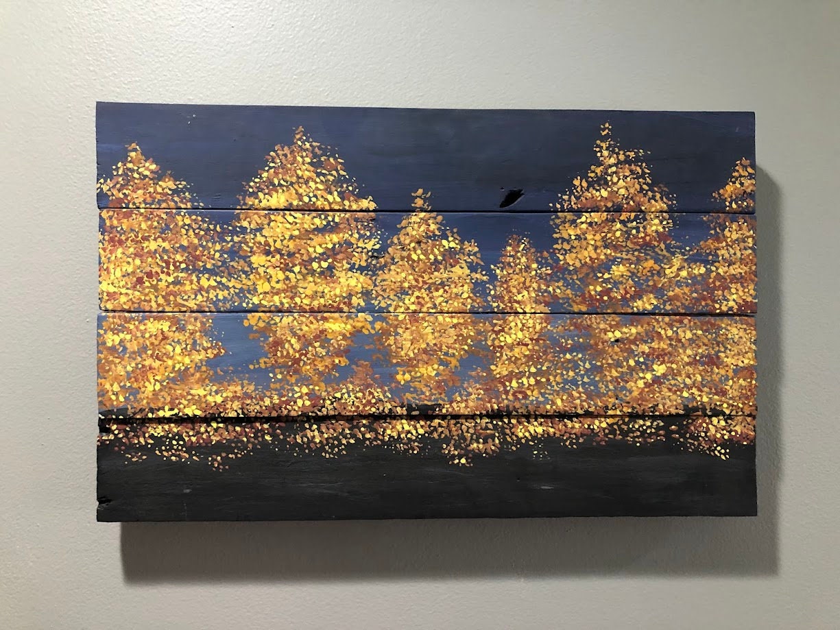秋の夜。再生木材に描いたアクリル画。18 x 11インチ - Etsy 日本