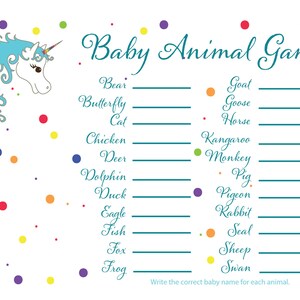 Unicorn Name That Baby Animal, Baby Shower Games, Baby Shower Activities, Animal Match Game, Baby Animals Name, Printable Games, Unicorn