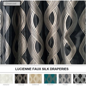 May include: A close-up of a charcoal faux silk drapery with a wavy, abstract pattern in silver. The fabric has a subtle sheen and a luxurious feel. The image shows six different color options for the drapery: Alabaster, Charcoal, Goldenrod, Turquoise, Pewter, and Platinum.