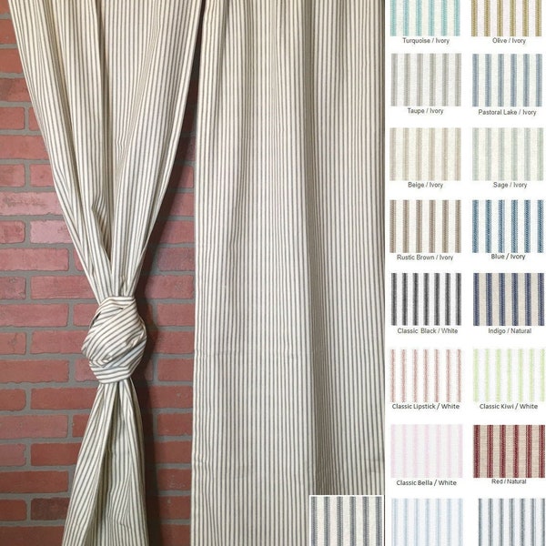 Farmhouse Ticking Stripe Custom Curtains/Drapes -Long Panel or Valance - Many Colors -Flat-Rod Pocket-Grommet - Fast Shipping!