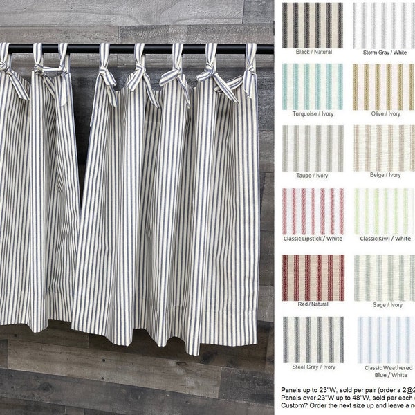 Farmhouse Ticking Stripe Tab Tie Top Cafe Curtains/Drapes/Valance/Pair/Pillow -18 Colors-Custom Curtains -Fast Shipping!