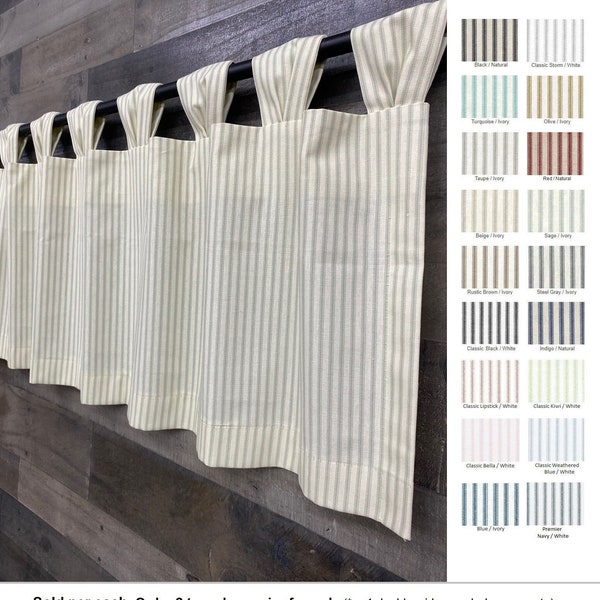 Farmhouse Ticking Stripe Pleated Tab Top Cafe Curtains / Drapes / Valance / Pillow - Custom Curtains - Shabby Chic - Fast Shipping!