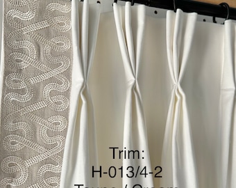 Pair of fully lined pinch pleat or euro pleat curtains/drapes in white 7 oz. Cotton duck with swirl border tape on leading edge - 2 panels