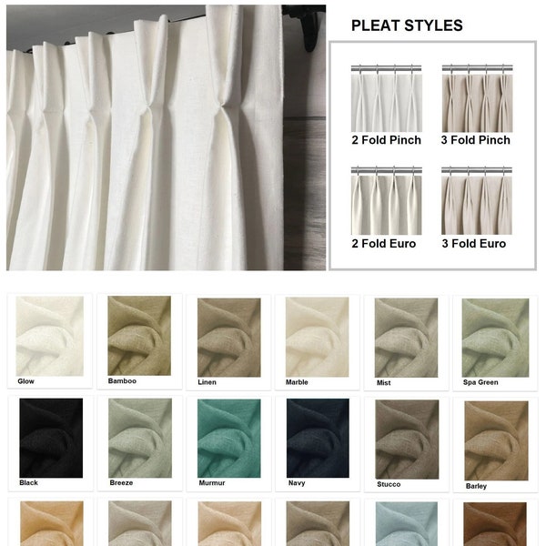 PAIR of fully lined 100% Linen Designer Pleated Curtains/Drapes-off white, cream,beige,tan,black- Euro/Parisian/French/Pinch Pleat- 2 panels