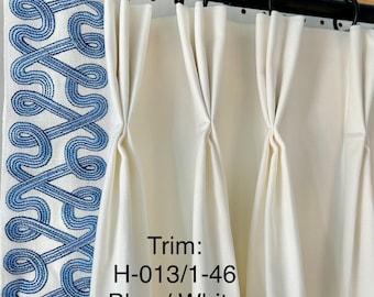 Pair of fully lined pinch pleat or euro pleat curtains/drapes in white 7 oz. Cotton duck with swirl border tape on leading edge - 2 panels