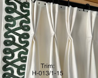 Pair of fully lined pinch pleat or euro pleat curtains/drapes in white 7 oz. Cotton duck with swirl border tape on leading edge - 2 panels