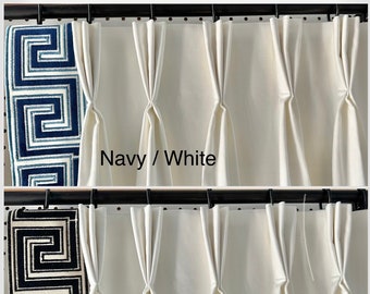 Pair of fully lined pinch pleat or euro pleat curtains/drapes in white 7 oz. Cotton duck with navy or black border tape on edge - 2 panels