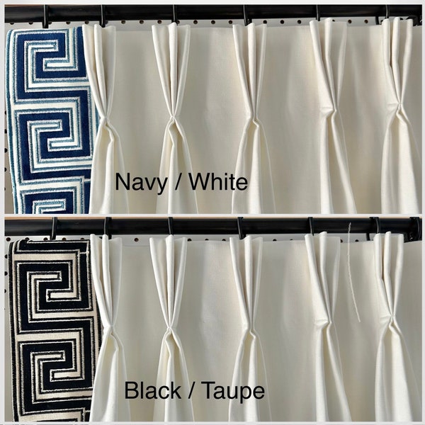 Pair of fully lined pinch pleat or euro pleat curtains/drapes in white 7 oz. Cotton duck with navy or black border tape on edge - 2 panels