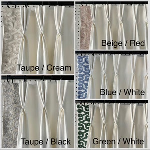 May include: Four sets of white curtains with different colored trim. The trim is a patterned design. The colors are taupe/cream, beige/red, blue/white, and taupe/black.