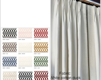 Pair of fully lined pinch pleat or euro pleat curtains/drapes in white 7 oz. Cotton duck with crest border tape on leading edge - 2 panels