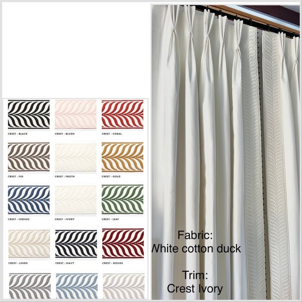 Pair of fully lined pinch pleat or euro pleat curtains/drapes in white 7 oz. Cotton duck with crest border tape on leading edge - 2 panels