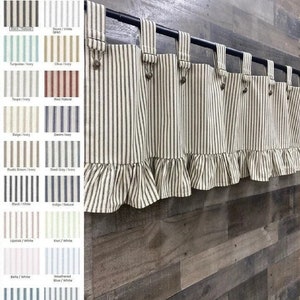 Farmhouse Ticking Stripe Cafe Curtains/Drapes/Valance Overall Buckle Tab Top Custom Curtains Optional Pillow and ruffles Fast Shipping image 1