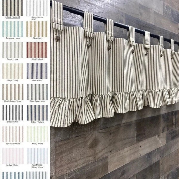 Farmhouse Ticking Stripe Cafe Curtains/Drapes/Valance - Overall Buckle Tab Top -Custom Curtains Optional Pillow and ruffles -Fast Shipping!