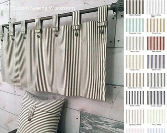 Farmhouse Ticking Stripe Cafe Curtains/Drapes/Valance/Pillow -Overall Buckle Tab Top -18 Colors-Custom Curtains -Fast Shipping!