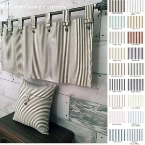 Farmhouse Ticking Stripe Cafe Curtains/Drapes/Valance/Pillow Overall Buckle Tab Top 18 Colors-Custom Curtains Fast Shipping image 1