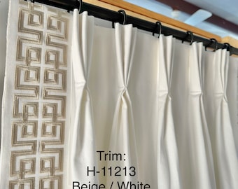 Pair of fully lined pinch pleat or euro pleat curtains/drapes in white 7 oz. Cotton duck with beige border tape on leading edge - 2 panels