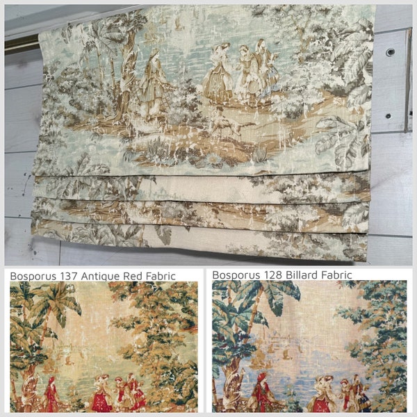 Faux Roman Shade out of Covington Bosporus Toile Fabric (197 flax, 128 billard, 137 antique red) or any fabric @BestFabricStore.com