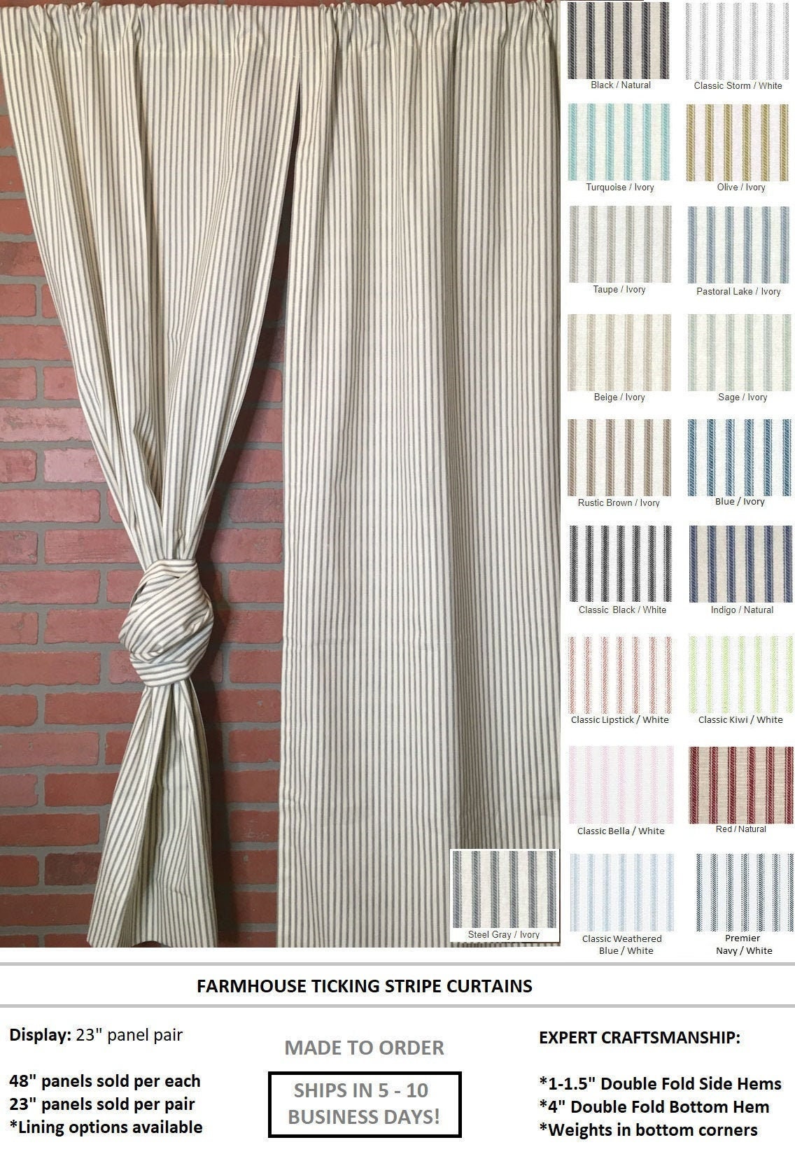 Custom Farmhouse Black*Cream French Ticking Stripe Window Curtain VALANCE 18x80 