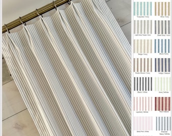 Pair of fully lined euro or pinch pleat ticking stripe curtains/drapes in 7 oz. Cotton duck - extra wide extra long avail - 2 panels