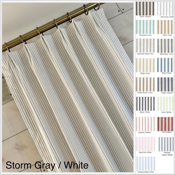 Pair of fully lined euro or pinch pleat ticking stripe curtains/drapes in 7 oz. Cotton duck - extra wide extra long avail - 2 panels