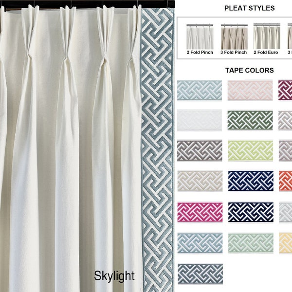 Pair of fully lined pinch pleat or euro pleat curtains/drapes in white 7 oz. Cotton duck with capri border tape on leading edge - 2 panels