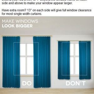 May include: A Windex cleaning product advertisement showing two windows with curtains. The window on the left has curtains hung high and wide, extending 4 inches beyond the window frame on each side. The window on the right has curtains hung inside the window frame. The text reads "Make windows look bigger" and "Do" and "Don't".