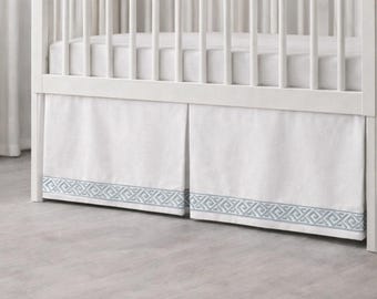 White Cotton Canvas Crib Skirt with Capri Tape for boy or girl | Tailored Pleat Style | Custom Made | More fabric @ BestFabricStore.com