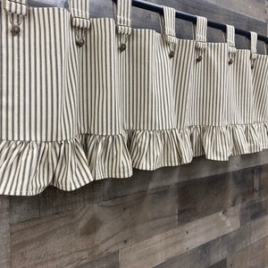 Farmhouse Ticking Stripe Cafe Curtains/Drapes/Valance Overall Buckle Tab Top Custom Curtains Optional Pillow and ruffles Fast Shipping image 9