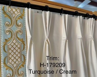 Pair of fully lined pinch pleat or euro pleat curtains/drapes in white 7 oz. Cotton duck with border tape on leading edge - 2 panels