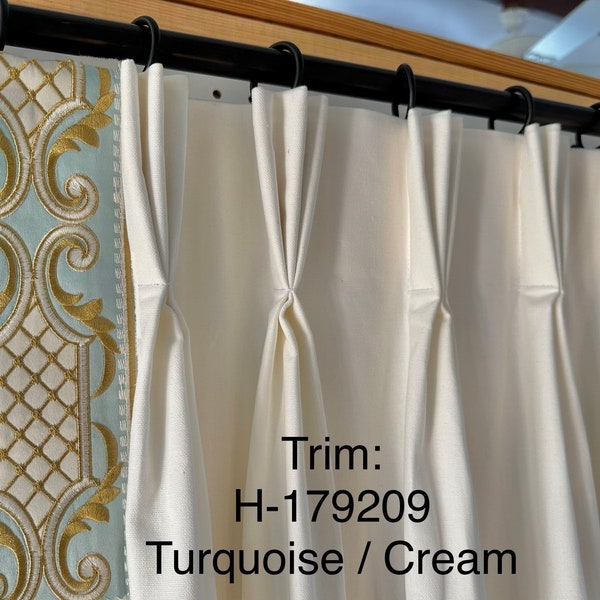 Pair of fully lined pinch pleat or euro pleat curtains/drapes in white 7 oz. Cotton duck with border tape on leading edge - 2 panels