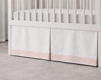 White Cotton Canvas Crib Skirt with Capri Blush Tape or other color | Tailored Pleat Style | Custom Made | More fabric @ BestFabricStore.com
