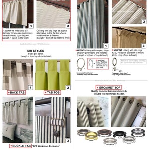 May include: A guide to different drapery header styles, including rod pocket, flat top, tab styles, back tab, tab top, buckle tab, and grommet top. The guide includes illustrations of each style and instructions for measuring the length of the drapery panel. The guide also includes information about the different types of grommets available, including standard and large sizes.