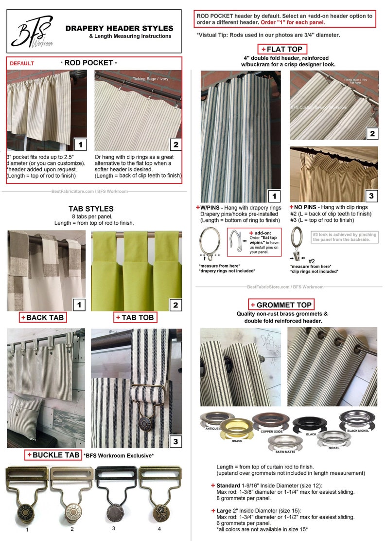 May include: A guide to different drapery header styles, including rod pocket, flat top, tab styles, back tab, tab top, buckle tab, and grommet top. The guide includes illustrations of each style and instructions for measuring the length of the drapery panel. The guide also includes information about the different types of grommets available, including standard and large sizes.