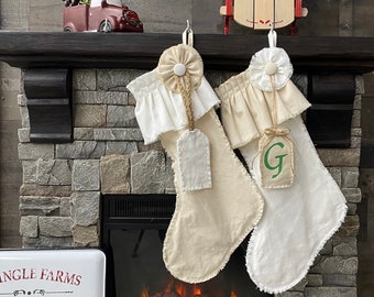 Personalized Shabby chic/farmhouse Frayed Christmas Stocking w/ruffle and button rosette - washed white and natural cotton canvas - per EACH
