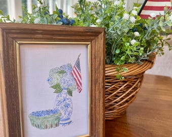 American Flag Hydrangea Watercolor Art Print: Patriotic Floral Centerpiece