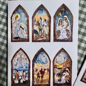 Nativity Scene Notecard Pack, blank inside for any occasion, 6 different scenes based on the Bible, envelopes included, 6 cards per pack