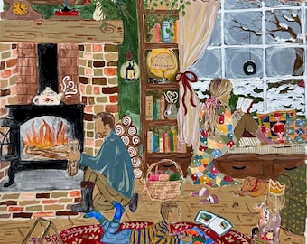 Cozy February Family Art Print – Winter Hearth Scene