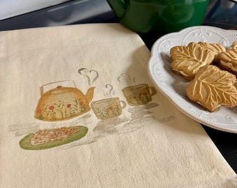 Tea Kettle and Cookies Linen Tea Towel