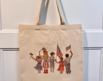 Printed Cotton Tote Bag – Children Waving American Flags, Garden of Eden Styles
