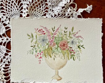 Original Watercolor Flower Bouquet Painting: 5x7 Hand-Torn Paper