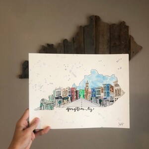 Wilmore shape of Kentucky Watercolor Print KY downtown scene 8x10 in and 11x14 in