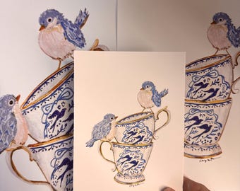 Blue Birds Chinoiserie Tea Cups Art Print – Stacked Teacups Illustration