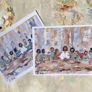May include: Two framed prints of a painting depicting the Last Supper. The painting is done in a loose, impressionistic style with muted colors. The figures are depicted in a simple, stylized manner. The prints are signed "K. Polk".