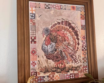 Colorful Textured Turkey Art Print with Quilt Border, Thanksgiving Painting