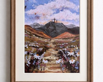 I am the Resurrection and the Life Art Print: 3 crosses on a hill, Easter Decor