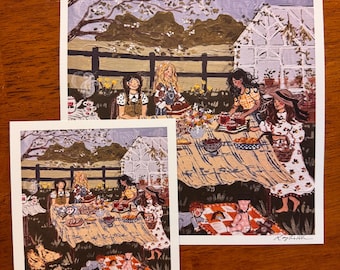 Makers Table Art Print – Friendship Gathering, Spring Scene, Cardstock Paper